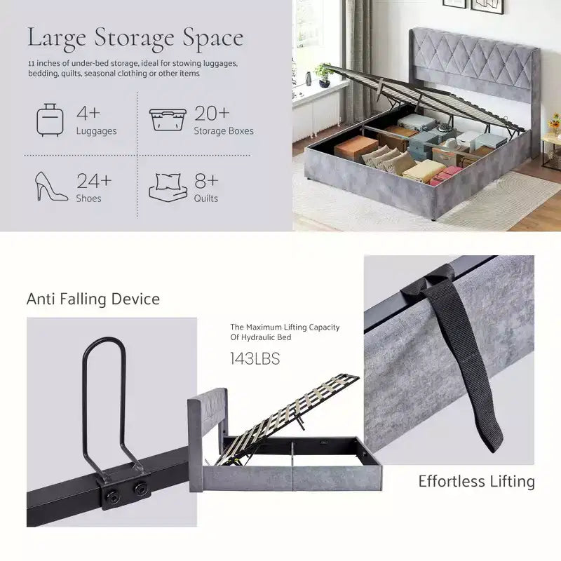 MAYEERTY Noise-Free Lift-Up Storage Bed with Heavy-Duty Structure, Easy Assembly & Elegant Winged Headboard