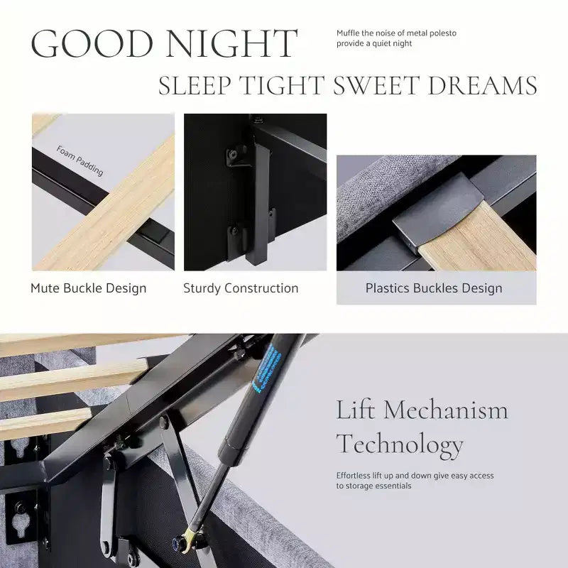 MAYEERTY Noise-Free Lift-Up Storage Bed with Heavy-Duty Structure, Easy Assembly & Elegant Winged Headboard