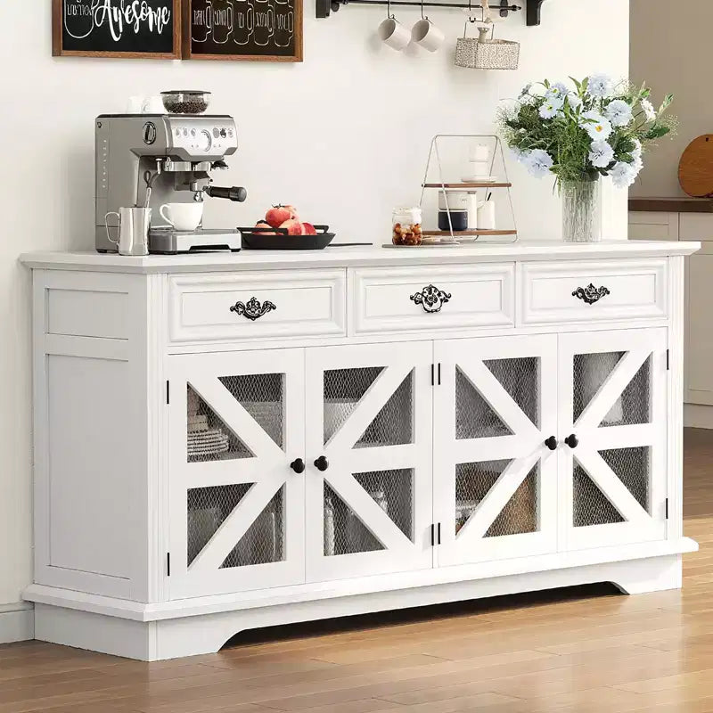 Modern Farmhouse Buffet Cabinet with 3 Drawers, 63 Kitchen Storage Sideboard with Rustic Barn Doors & Adjustable Shelves - White