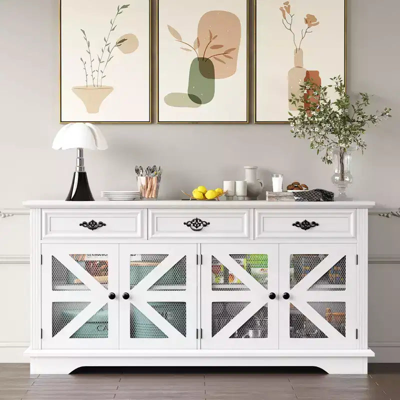 Modern Farmhouse Buffet Cabinet with 3 Drawers, 63 Kitchen Storage Sideboard with Rustic Barn Doors & Adjustable Shelves - White