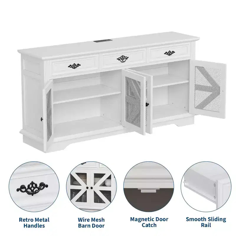 Modern Farmhouse Buffet Cabinet with 3 Drawers, 63 Kitchen Storage Sideboard with Rustic Barn Doors & Adjustable Shelves - White
