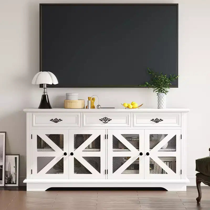 Modern Farmhouse Buffet Cabinet with 3 Drawers, 63 Kitchen Storage Sideboard with Rustic Barn Doors & Adjustable Shelves - White