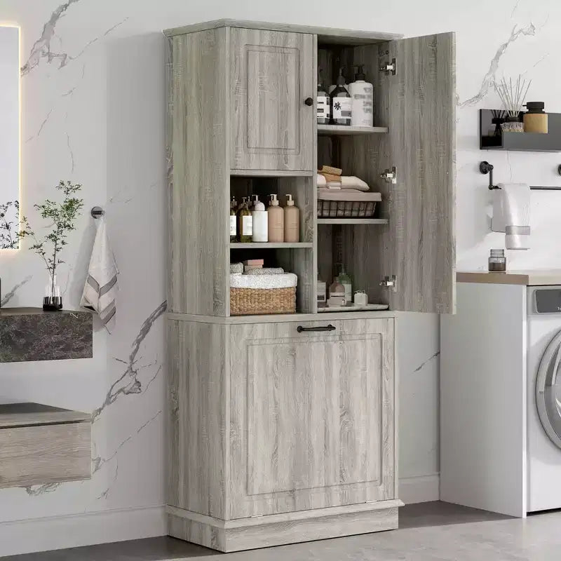 MAYEERTY Tall Storage Cabinet Adjustable Shelves Flip-Out Basket MDF Aluminum Handles