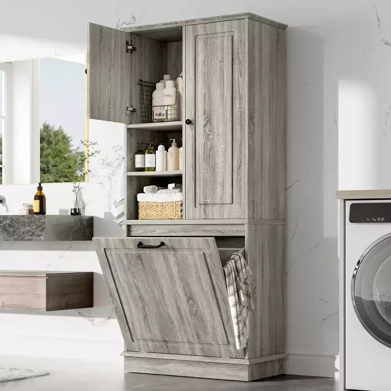 MAYEERTY Tall Storage Cabinet Adjustable Shelves Flip-Out Basket MDF Aluminum Handles