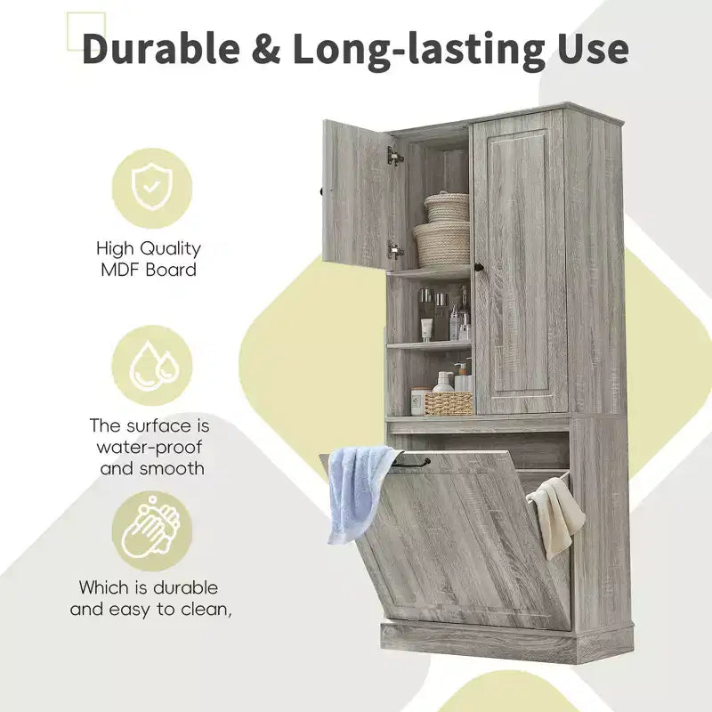 MAYEERTY Tall Storage Cabinet Adjustable Shelves Flip-Out Basket MDF Aluminum Handles