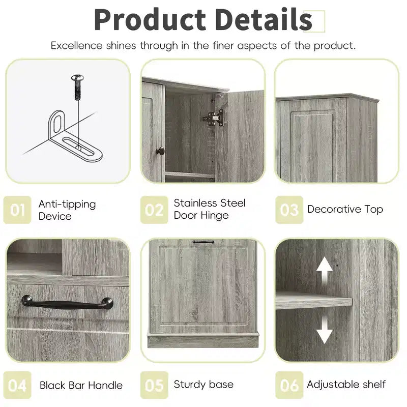 MAYEERTY Tall Storage Cabinet Adjustable Shelves Flip-Out Basket MDF Aluminum Handles