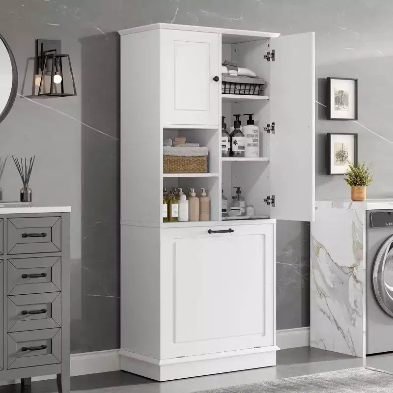 MAYEERTY Tall Storage Cabinet Adjustable Shelves Flip-Out Basket MDF Aluminum Handles