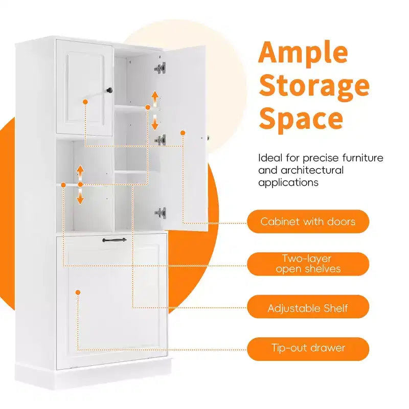 MAYEERTY Tall Storage Cabinet Adjustable Shelves Flip-Out Basket MDF Aluminum Handles