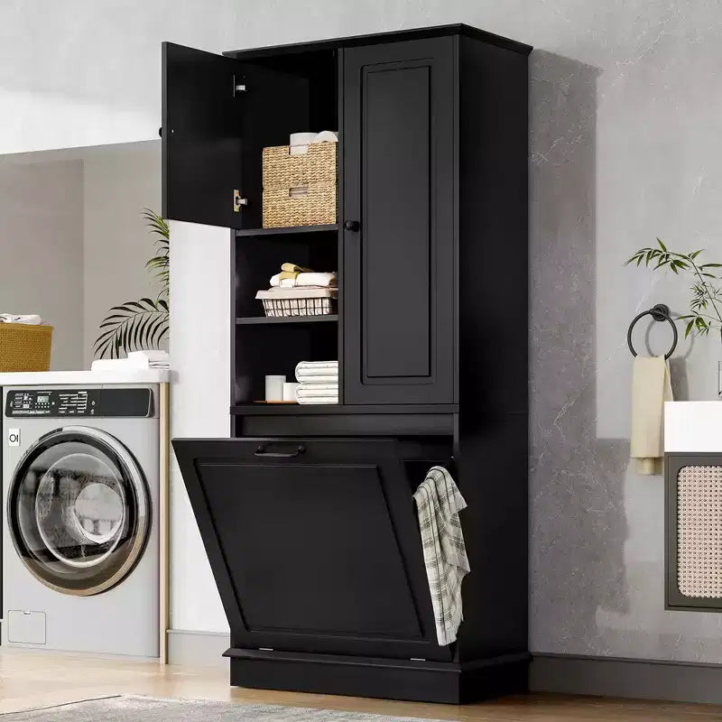 MAYEERTY Tall Storage Cabinet Adjustable Shelves Flip-Out Basket MDF Aluminum Handles