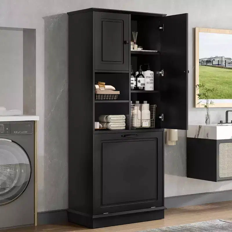 MAYEERTY Tall Storage Cabinet Adjustable Shelves Flip-Out Basket MDF Aluminum Handles