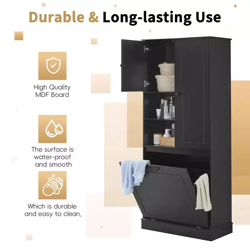 MAYEERTY Tall Storage Cabinet Adjustable Shelves Flip-Out Basket MDF Aluminum Handles