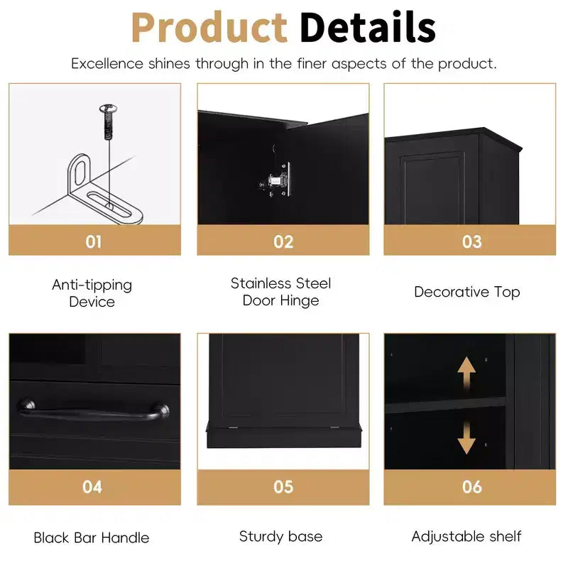 MAYEERTY Tall Storage Cabinet Adjustable Shelves Flip-Out Basket MDF Aluminum Handles