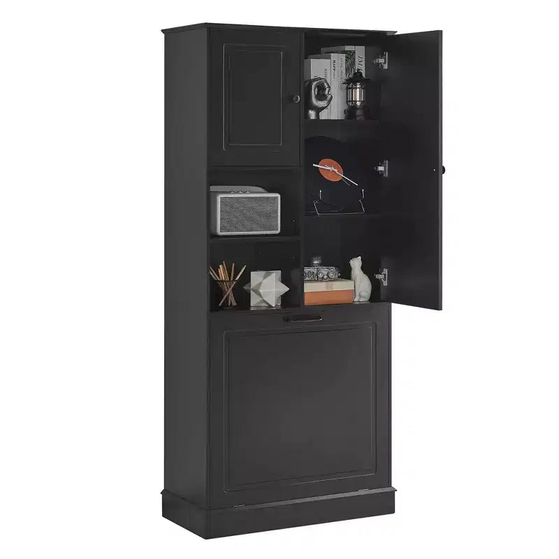 MAYEERTY Tall Storage Cabinet Adjustable Shelves Flip-Out Basket MDF Aluminum Handles