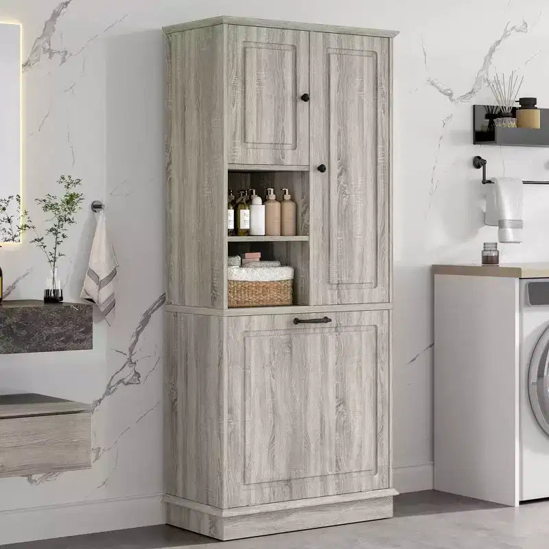 MAYEERTY Tall Storage Cabinet Adjustable Shelves Flip-Out Basket MDF Aluminum Handles