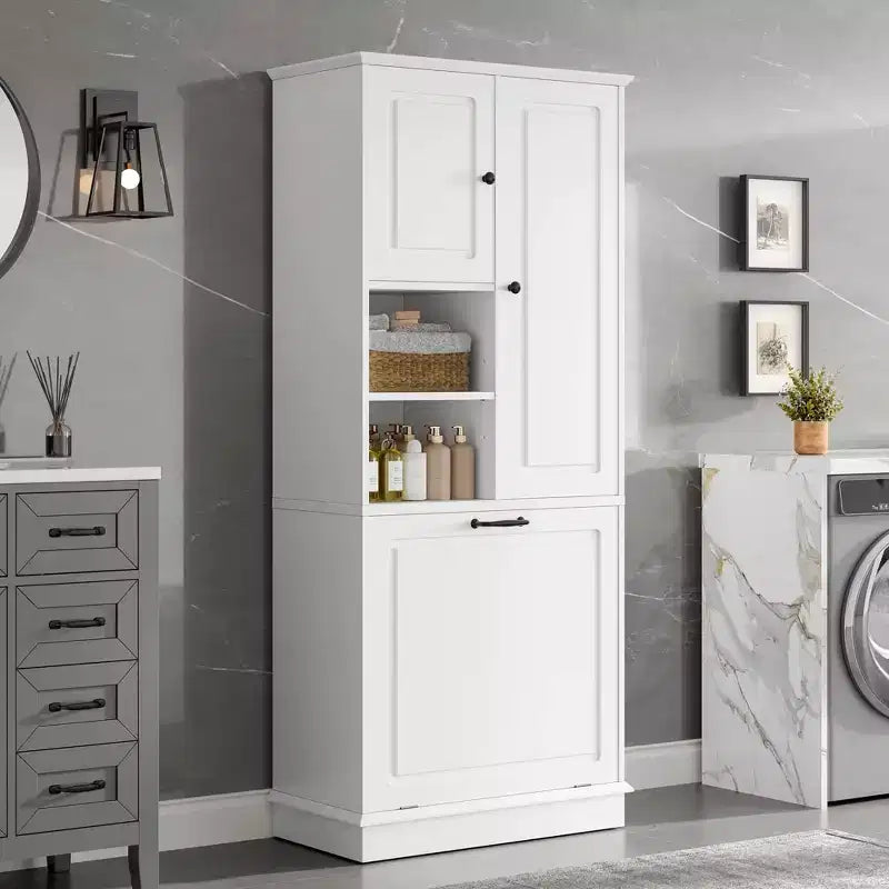 MAYEERTY Tall Storage Cabinet Adjustable Shelves Flip-Out Basket MDF Aluminum Handles