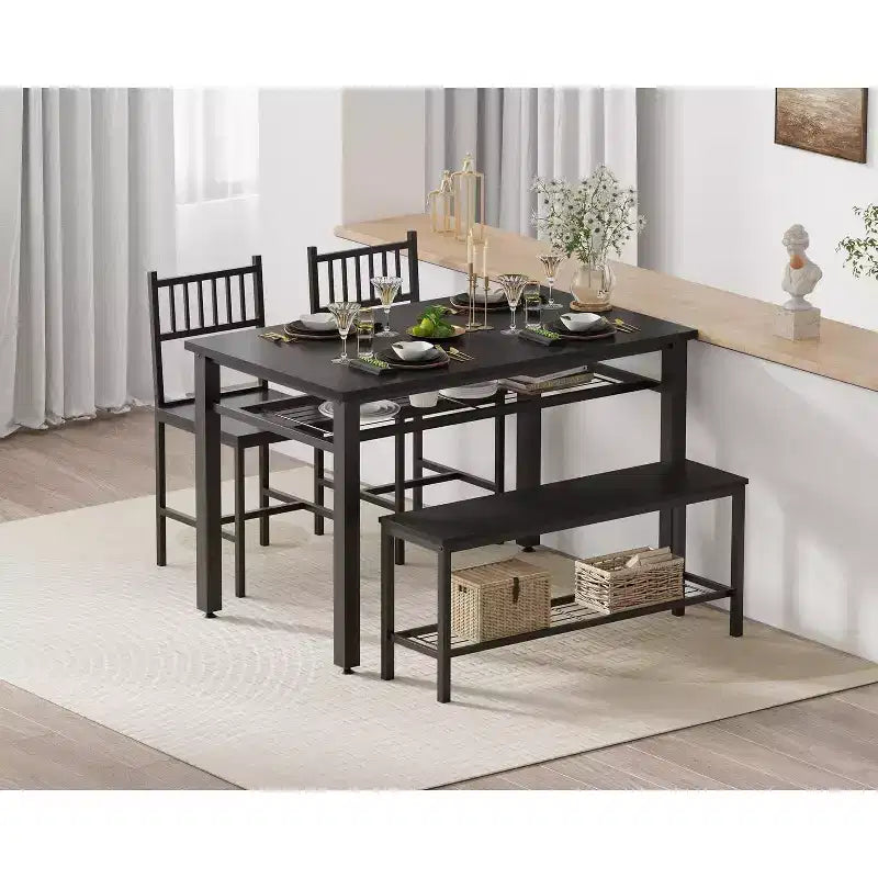 4 Piece Dining Table Set for 4, Wood Kitchen Table with 2 Chairs and Bench, Rectangular Kitchen Table Set with Storage Shelf for Living Room