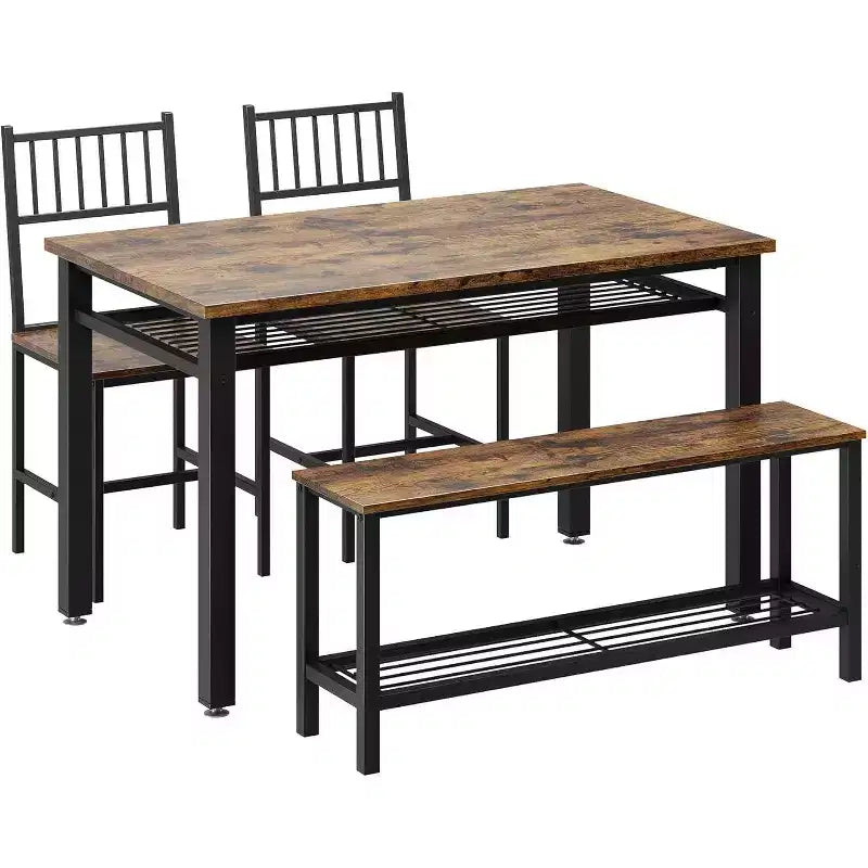 Ensemble de table à manger 4 pièces pour 4 personnes, table de cuisine en bois avec 2 chaises et un banc, ensemble de table de cuisine rectangulaire avec étagère de rangement pour le salon