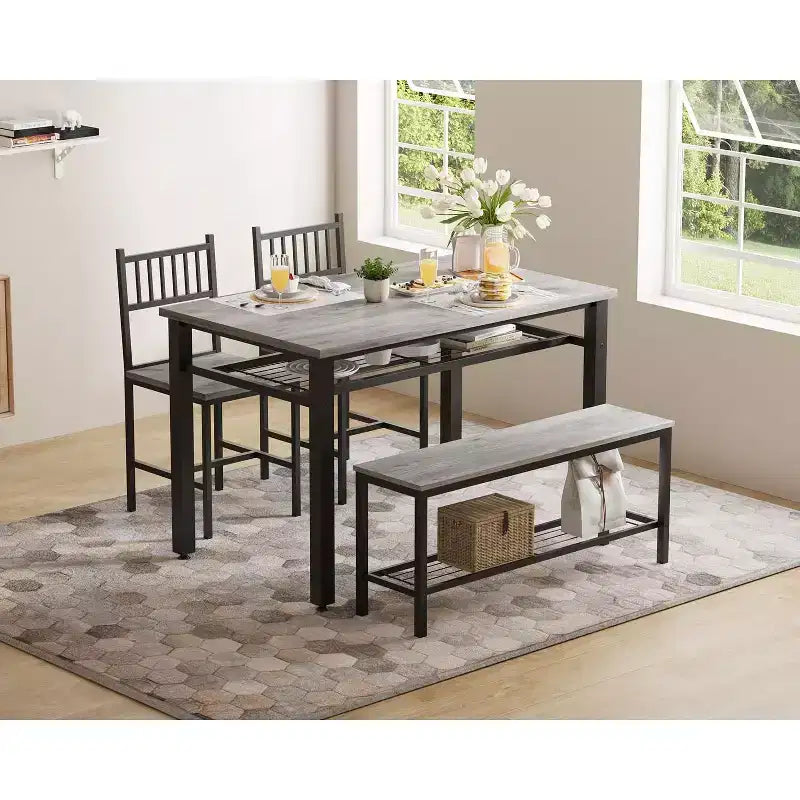 Ensemble de table à manger 4 pièces pour 4 personnes, table de cuisine en bois avec 2 chaises et un banc, ensemble de table de cuisine rectangulaire avec étagère de rangement pour le salon