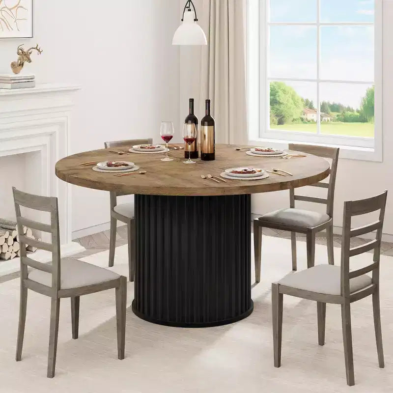 47 Round Dining Table for 4-6 People, Dining Room Table with Sturdy Waveform Metal Pedestal Base, Industrial Kitchen Table for Dining Room, Kitchen