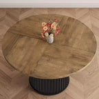47 Round Dining Table for 4-6 People, Dining Room Table with Sturdy Waveform Metal Pedestal Base, Industrial Kitchen Table for Dining Room, Kitchen