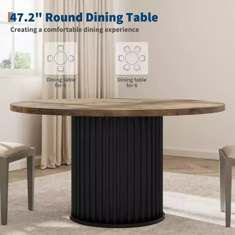 47 Round Dining Table for 4-6 People, Dining Room Table with Sturdy Waveform Metal Pedestal Base, Industrial Kitchen Table for Dining Room, Kitchen