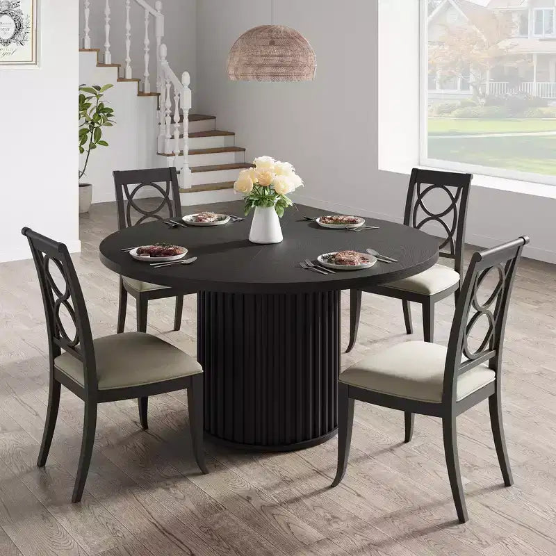 47 Round Dining Table for 4-6 People, Dining Room Table with Sturdy Waveform Metal Pedestal Base, Industrial Kitchen Table for Dining Room, Kitchen