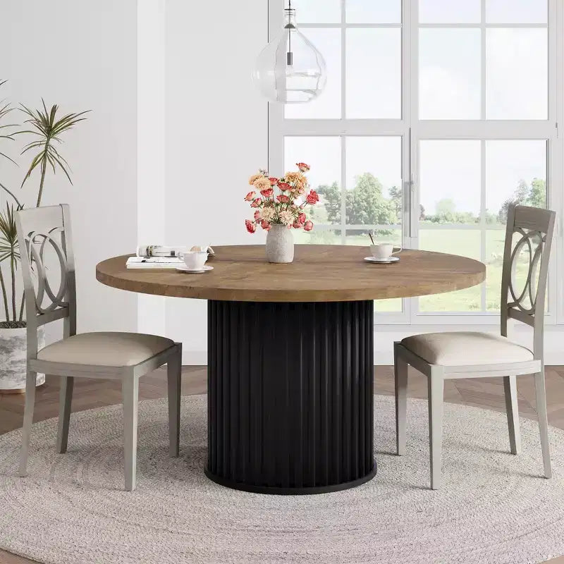 47 Round Dining Table for 4-6 People, Dining Room Table with Sturdy Waveform Metal Pedestal Base, Industrial Kitchen Table for Dining Room, Kitchen