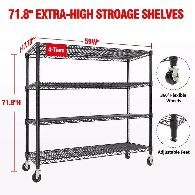 Heavy Duty Metal Storage Shelves 4/5-Tier  Industrial Wire Shelving with Wheels, 3300 LBS Capacity Adjustable Shelving Unit for Garage & Warehouse