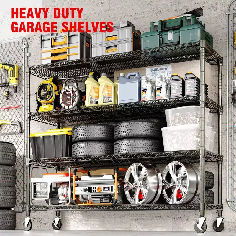 Heavy Duty Metal Storage Shelves 4/5-Tier  Industrial Wire Shelving with Wheels, 3300 LBS Capacity Adjustable Shelving Unit for Garage & Warehouse