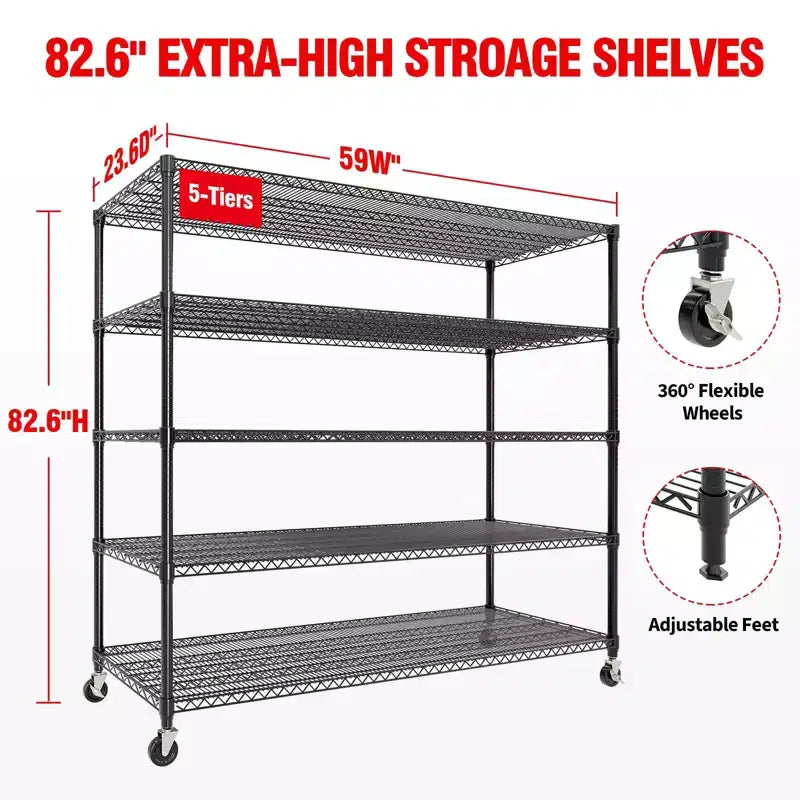 Heavy Duty Metal Storage Shelves 4/5-Tier  Industrial Wire Shelving with Wheels, 3300 LBS Capacity Adjustable Shelving Unit for Garage & Warehouse