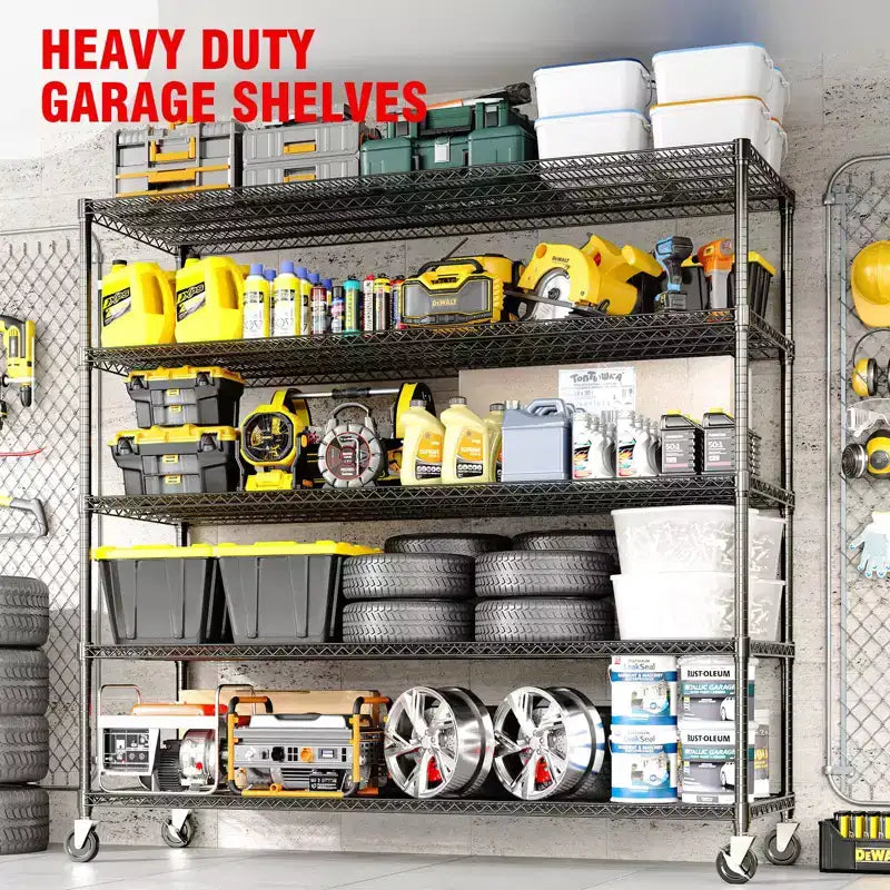 Heavy Duty Metal Storage Shelves 4/5-Tier  Industrial Wire Shelving with Wheels, 3300 LBS Capacity Adjustable Shelving Unit for Garage & Warehouse