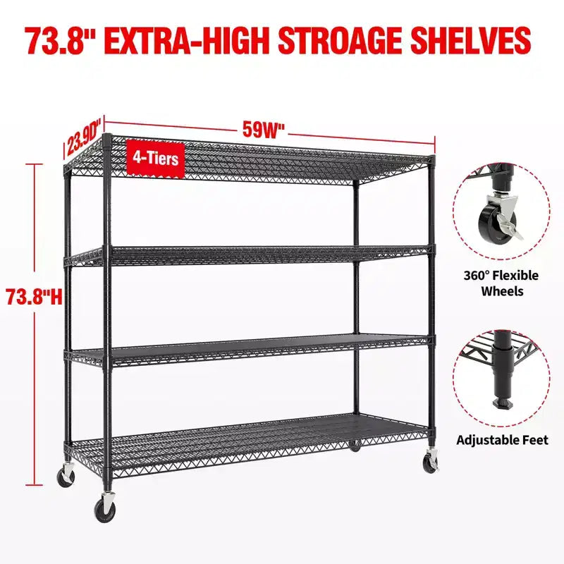 Heavy Duty Metal Storage Shelves 4/5-Tier  Industrial Wire Shelving with Wheels, 3300 LBS Capacity Adjustable Shelving Unit for Garage & Warehouse