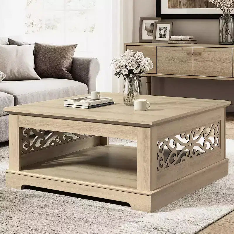 Galano Wood Coffee Table with Storage Shelf 34.8 W x 34.8 D x 16.1 H