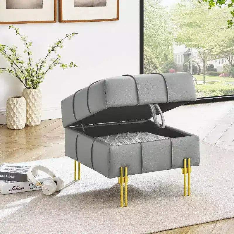 TUYOHW 22 Anti-Scratch Leather Storage Ottoman,Pet Friendly End of Bed Bench with Golden Metal Legs,Ottoman for Living Room,Bedroom,Entryway