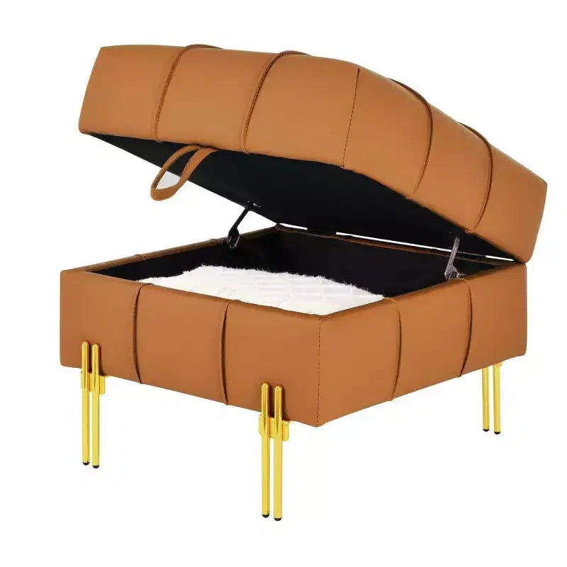 TUYOHW 22 Anti-Scratch Leather Storage Ottoman,Pet Friendly End of Bed Bench with Golden Metal Legs,Ottoman for Living Room,Bedroom,Entryway