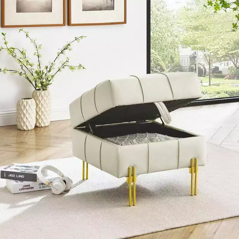 TUYOHW 22 Anti-Scratch Leather Storage Ottoman,Pet Friendly End of Bed Bench with Golden Metal Legs,Ottoman for Living Room,Bedroom,Entryway