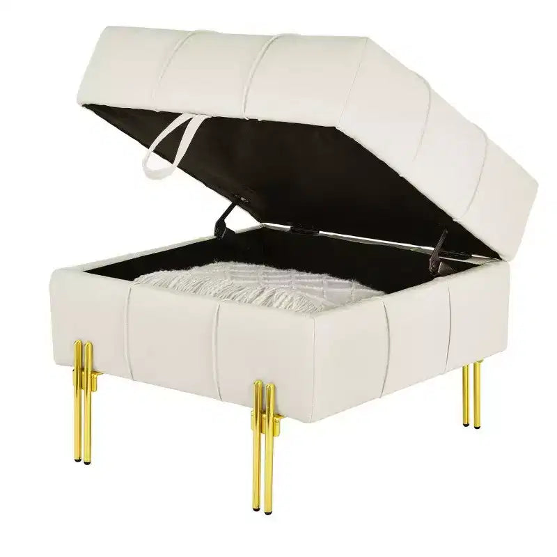 TUYOHW 22 Anti-Scratch Leather Storage Ottoman,Pet Friendly End of Bed Bench with Golden Metal Legs,Ottoman for Living Room,Bedroom,Entryway