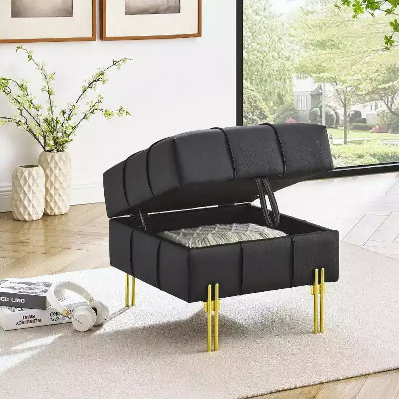 TUYOHW 22 Anti-Scratch Leather Storage Ottoman,Pet Friendly End of Bed Bench with Golden Metal Legs,Ottoman for Living Room,Bedroom,Entryway