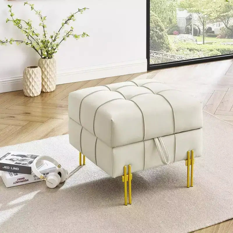 TUYOHW 22 Anti-Scratch Leather Storage Ottoman,Pet Friendly End of Bed Bench with Golden Metal Legs,Ottoman for Living Room,Bedroom,Entryway