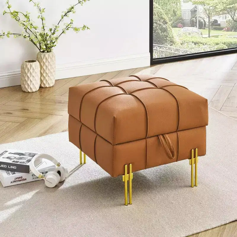 TUYOHW 22 Anti-Scratch Leather Storage Ottoman,Pet Friendly End of Bed Bench with Golden Metal Legs,Ottoman for Living Room,Bedroom,Entryway