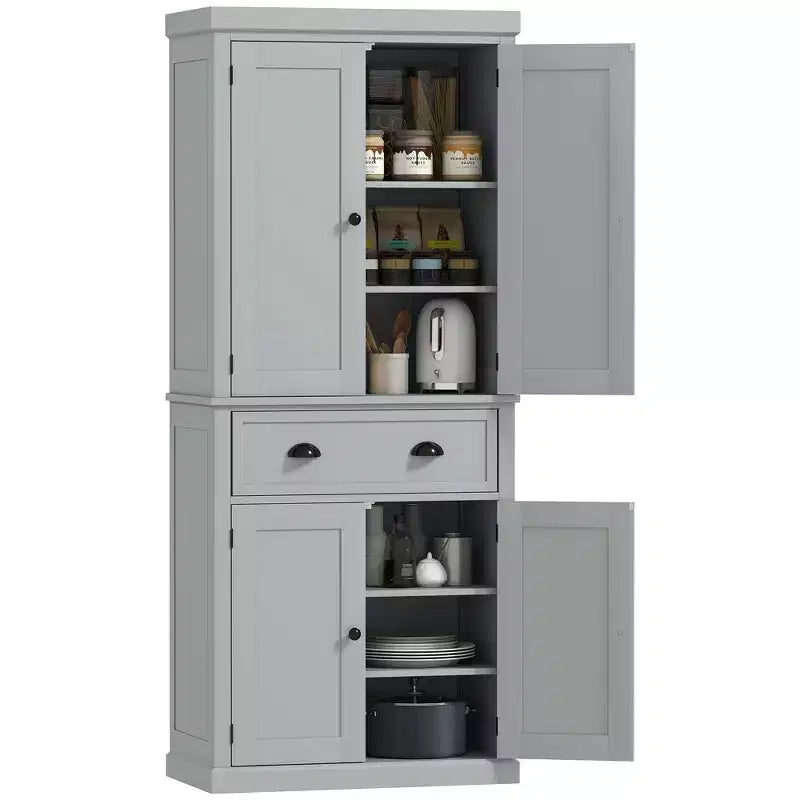 HOMCOM 72.5 Traditional Freestanding Kitchen Pantry Cupboard with 2 Cabinet, Drawer and Adjustable Shelves, Gray