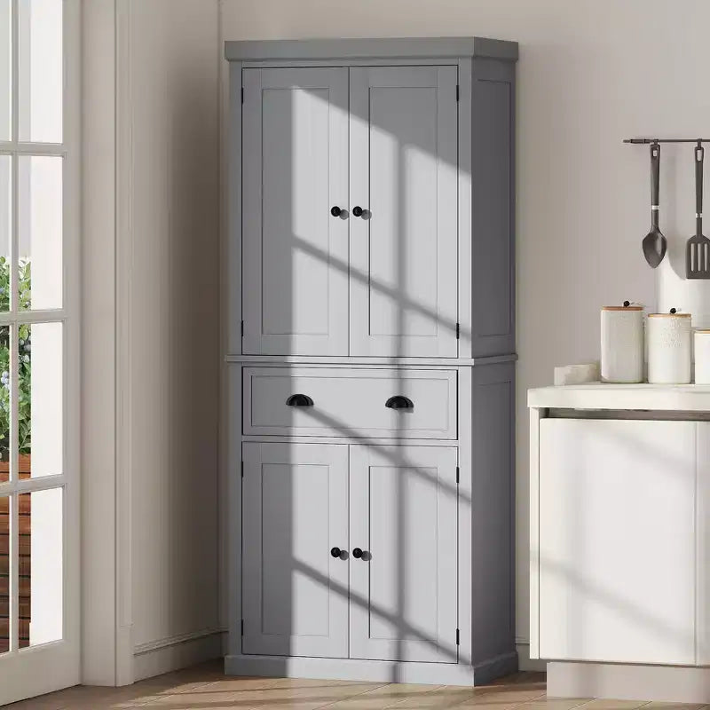 HOMCOM 72.5 Traditional Freestanding Kitchen Pantry Cupboard with 2 Cabinet, Drawer and Adjustable Shelves, Gray