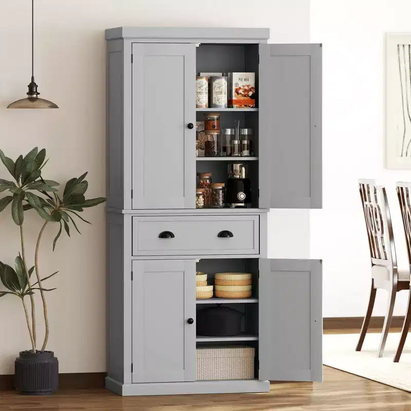 HOMCOM 72.5 Traditional Freestanding Kitchen Pantry Cupboard with 2 Cabinet, Drawer and Adjustable Shelves, Gray