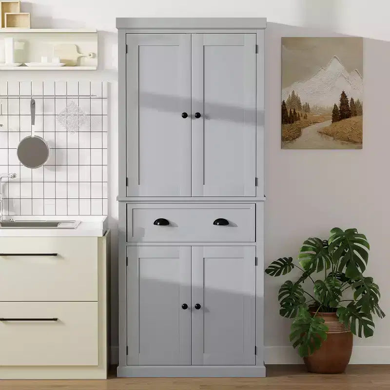 HOMCOM 72.5 Traditional Freestanding Kitchen Pantry Cupboard with 2 Cabinet, Drawer and Adjustable Shelves, Gray