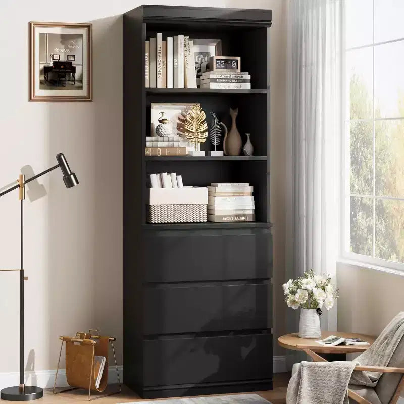 70 inch Industrial Bookshelf with Drawers, Bookshelf and Bookcase with 3-Tier Open Shelves, Farmhouse Tall Bookcase for Living Room, Office