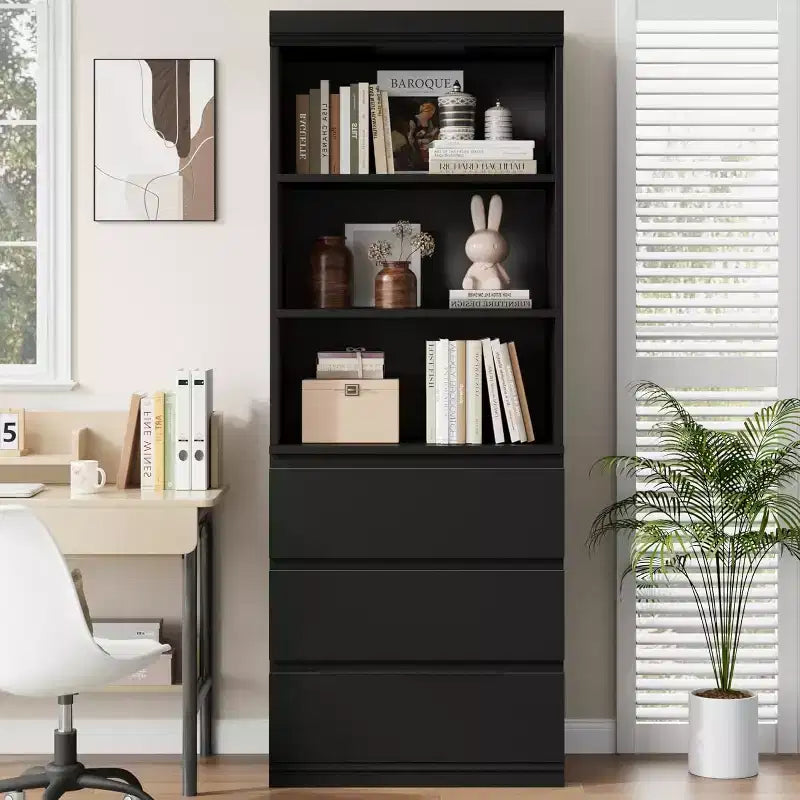Bibliothèque industrielle de 70 pouces avec tiroirs, étagère et bibliothèque à 3 niveaux ouverts, grande bibliothèque de style maison de campagne pour salon ou bureau