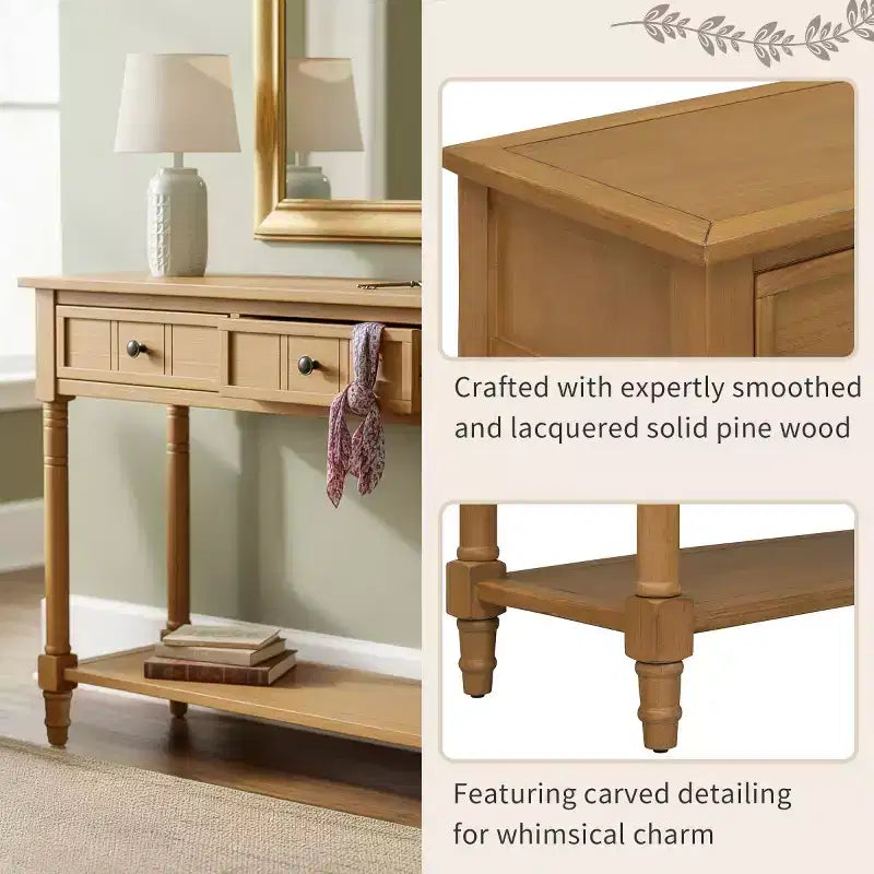 Table console traditionnelle de 35.4 avec tiroirs et étagère, table d’entrée vintage en pin, table de canapé compacte pour salon ou couloir – Panipeachy