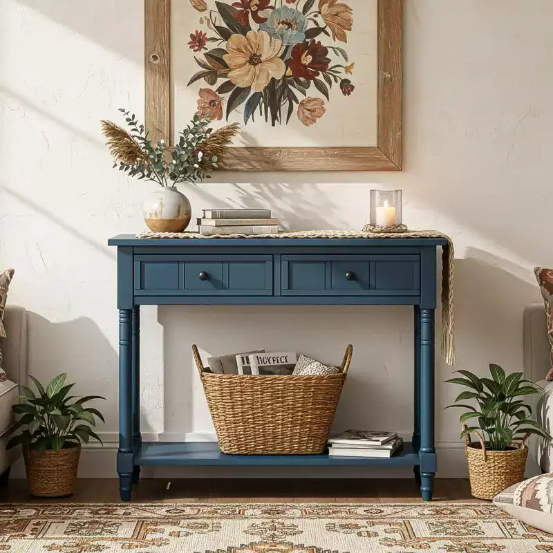 Table console traditionnelle de 35.4 avec tiroirs et étagère, table d’entrée vintage en pin, table de canapé compacte pour salon ou couloir – Panipeachy