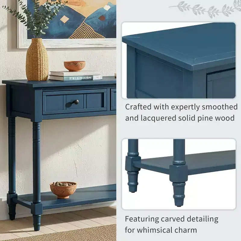 Table console traditionnelle de 35.4 avec tiroirs et étagère, table d’entrée vintage en pin, table de canapé compacte pour salon ou couloir – Panipeachy