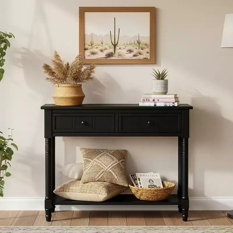 Table console traditionnelle de 35.4 avec tiroirs et étagère, table d’entrée vintage en pin, table de canapé compacte pour salon ou couloir – Panipeachy